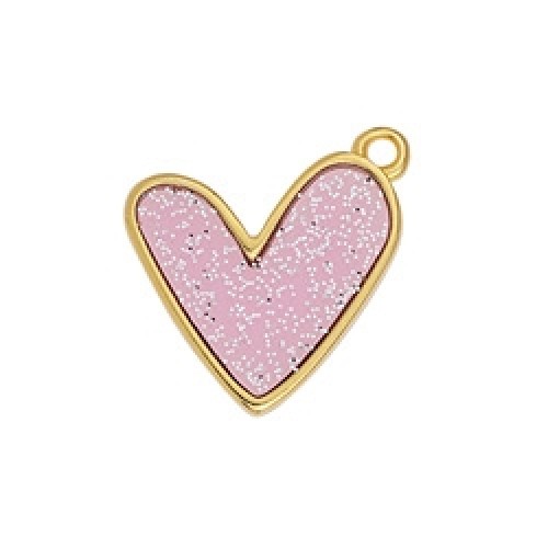 Κρεμαστή καρδιά βιτρώ σε επίχρυσο (24Κ) με ροζ sparkle σμάλτο-ανά τεμάχιο