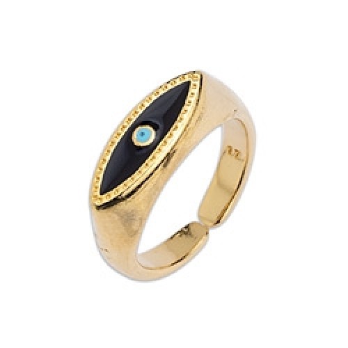 Δαχτυλίδι μάτι 17mm με γράνες με μαύρο σμάλτο,επίχρυσο (24Κ)