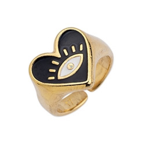 Δαχτυλίδι καρδιά επίχρυσο (24K)με ethnic μάτι σε μαύρο σμάλτο-ανα τεμάχιο