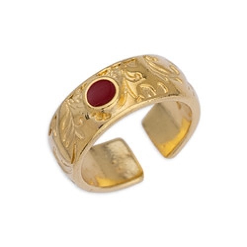 Δαχτυλίδι νούμερο 17mm από ορείχαλκο με σχέδιο φλοράλ σε επίχρυσο και κόκκινο-κερασί σμάλτο τιμή ανα τεμάχιο