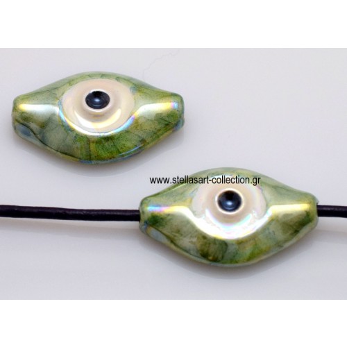 Κεραμικό μάτι 33x20mm  με οριζόντια τρυπα (Ø2.2mm) πράσινο μωσαϊκό  με λευκό σμάλτο εξαιρετικής ποιότητας τιμή ανα τεμάχιο