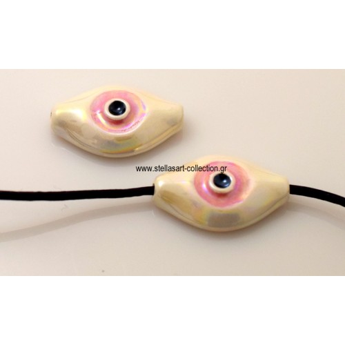 Κεραμικό μάτι 33x20mm  με οριζόντια τρυπα (Ø2.2mm) λευκό περλέ με ροζ σμάλτο εξαιρετικής ποιότητας τιμή ανα τεμάχιο