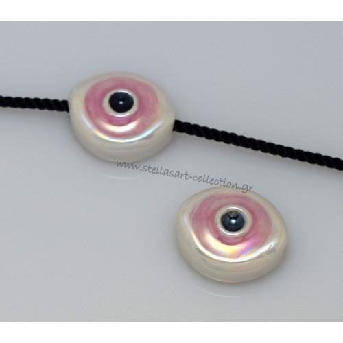 Κεραμικό μάτι 21x18mm μεσαίο με οριζόντια τρύπα (Ø2.2mm) σε λευκό με ροζ σμάλτο- ανά τεμάχιο