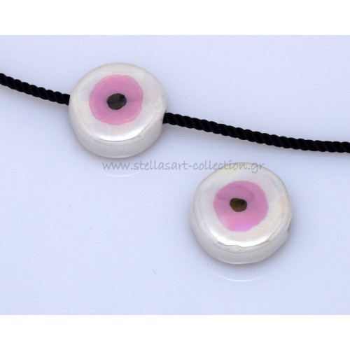 Κεραμικό μάτι 20mm μεσαίο, στρογγυλό, πλακέ με οριζόντια τρύπα (Ø2.2mm) σε λευκό γυαλιστερό με ροζ σμάλτο-ανά τεμάχιο