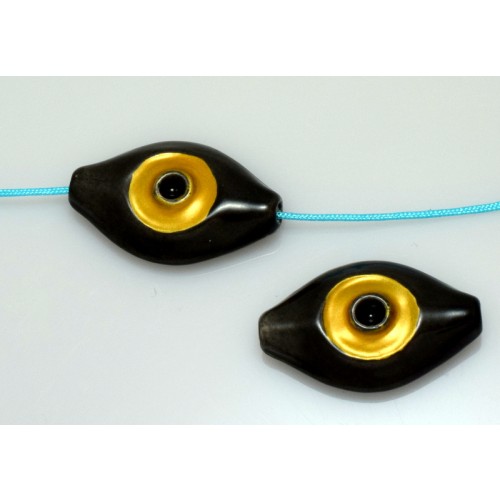 Κεραμικό μάτι 33x20mm με οριζόντια τρύπα (Ø2.2mm) σε γυαλιστερό μαύρο με χρυσαφί σμάλτο-ανά τεμάχιο