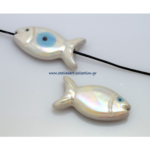 Κεραμικό ψάρι 38mm και τρύπα 2mm διπλής όψεως με ματάκι και λευκό περλέ χρώμα-ανά τεμάχιο