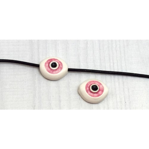 Κεραμικό μάτι ματ 21x18mm μεσαίο με οριζόντια τρύπα (Ø2.2mm) σε λευκό με ροζ σμάλτο-ανά τεμάχιο
