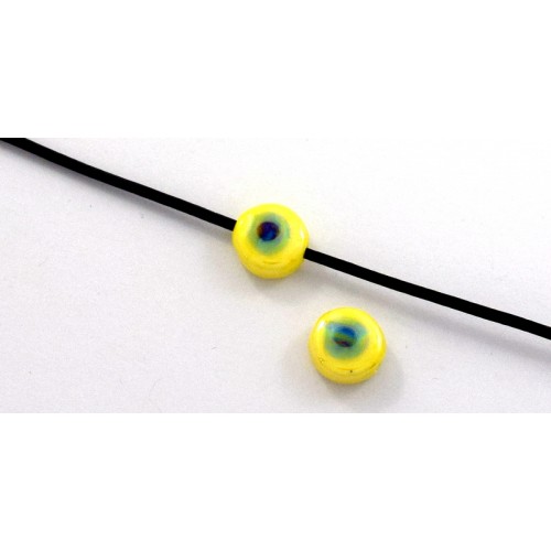 Κεραμικό μάτι στρογγυλό, πλακέ 12mm και τρύπα (Ø2.2mm) σε κίτρινο περλέ και γαλάζιο σμάλτο-ανά τεμάχιο