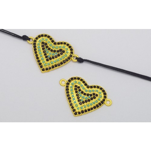 Μεταλλική μεγάλη καρδιά 23x33mm με πέτρες σε τυρκουάζ-μαύρο -με δυο κρικάκια στην ακρη κατάλληλο και για μακραμε-σε επίχρυσο τιμη ανα τεμάχιο