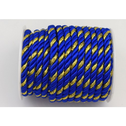 Στριφτό γυαλιστερό κορδόνι 5mm σε μπλε ηλεκτρικ χρώμα με μεταλλική χρυσή λωρίδα τιμή ανα μέτρο