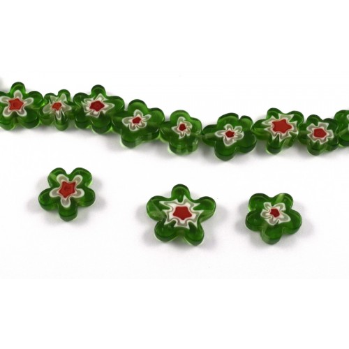 Μιllefiori διάτρητα σε σχήμα λουλουδιού σε πράσινο με διαφανο λουλουδι με κόκκινο στο κέντρο  12mm Η τιμή είναι ανα τεμάχιο