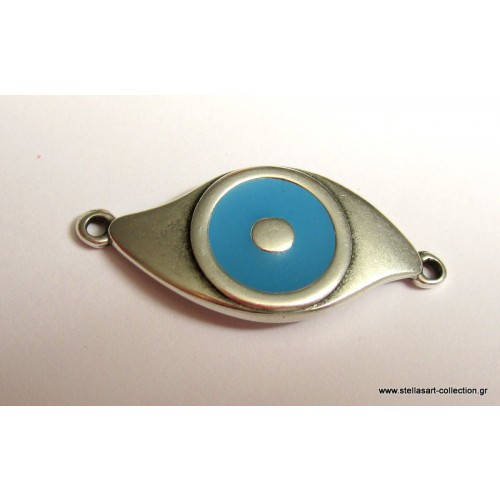 Μεταλλικο μεγάλο μάτι με δυο κρικάκια δεξια-αριστερα σε ασημί και γαλάζιο σμάλτο 39 x 17 mm     Τιμη ανα τεμάχιο