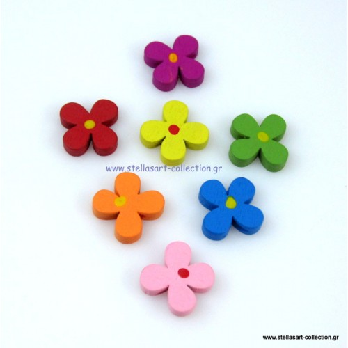 Ξύλινη πολύχρωμη χάντρα λουλουδάκι με τέσσερα πέταλα  με διαμπερή τρύπα η τιμή ειναι ανα τεμάχιο(ένα κομμάτι)