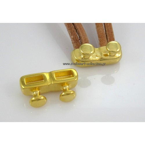 Μεταλλικός ακροδέκτης διπλός 9 x 27 mm   που χωράει σε κάθε εσοχή δύο κορδόνια μέχρι 4mm το καθένα σε χρυσό γυαλιστερό     τιμή ανα τεμάχιο