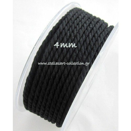 Στριφτό βαμβακερό κορδόνι 4mm σε MAYΡΟ χρώμα     τιμή ανα μέτρο