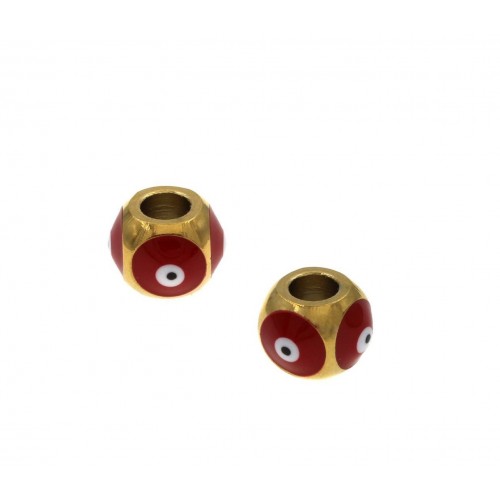 Ατσάλινη πολυγωνική χάντρα μάτι σε χρυσαφί με κόκκινο σμάλτο, κατάλληλη για την κατασκευή κοσμημάτων-ανά τεμάχιο