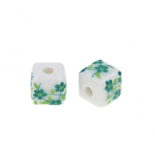 Κεραμικός κύβος λευκός  με πράσινα λουλούδια 10mm και τρύπα 2.5mm-Τιμή ανά τεμάχιο