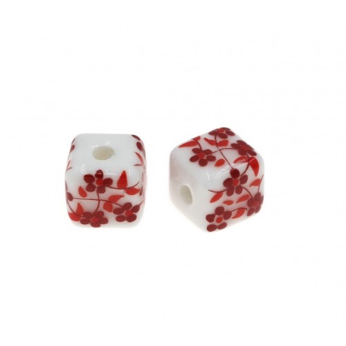 Κεραμικός κύβος 10mm λευκός με κόκκινα λουλούδια, κατάλληλος για την κατασκευή κοσμημάτων-ανά τεμάχιο