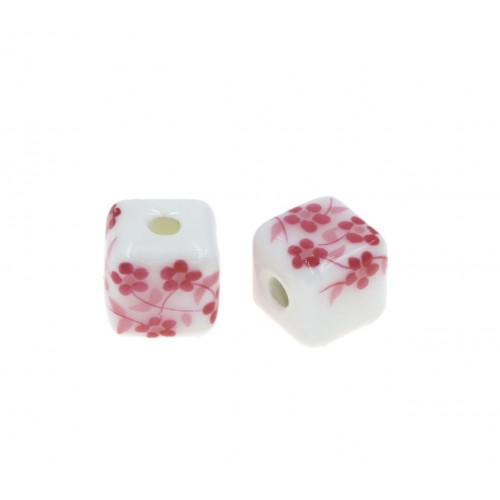 Κεραμικός κύβος λευκός  με ροζ λουλούδια 10mm και τρύπα 2.5mm-Τιμή ανά τεμάχιο