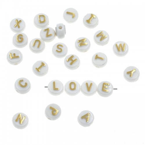Ακρυλικά στρογγυλά,περαστά,10mm γράμματα σε λευκό με χρυσαφί -ανά συσκ.100τμχ