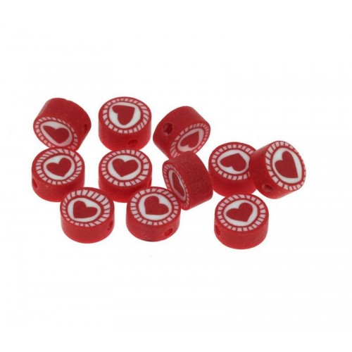 Στρογγυλές χάντρες Fimo κόκκινες με καρδιά 10mm- ανά τεμάχιο