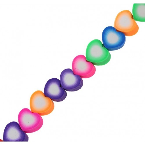Χάντρες φίμο πολύχρωμες καρδούλες με λευκό κέντρο10mm τιμή ανά σειρά (περιπου 40τμχ)