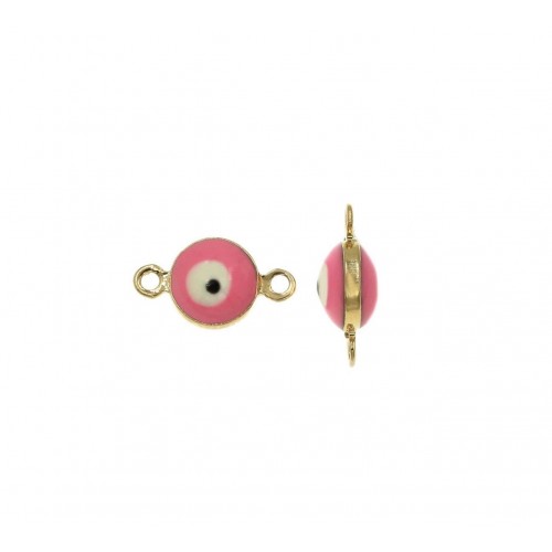 Μεταλλικό μίνι ματάκι 7mm,στρογγυλό,επίχρυσο,διπλής όψεως με δύο κρικάκια ,με σμάλτο σε ροζ χρώμα     τιμή ανα τεμάχιο