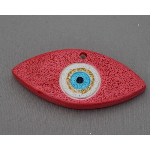 Μεσαίο  κεραμικό μοτίφ μάτι  6,8X3.5CM σε κόκκινο χρώμα με τρύπα στην πάνω μεριά. Ανα τεμάχιο