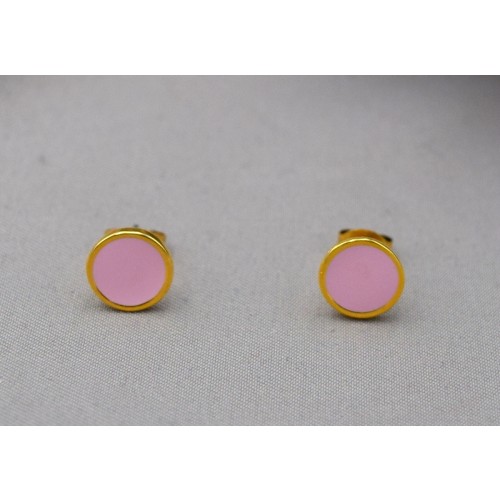 Έτοιμα σκουλαρίκια στρογγυλά μικρά 9.8mm επίχρυσο 24Κ με ροζ σμάλτο-Τιμή ανά ζευγάρι