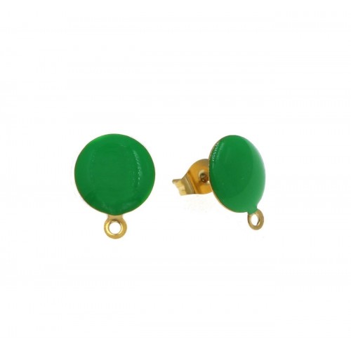 Ατσάλινο εξάρτημα σκουλαρίκι στρογγυλό με κρικάκι και πράσινο σμάλτο-ανά ζευγάρι